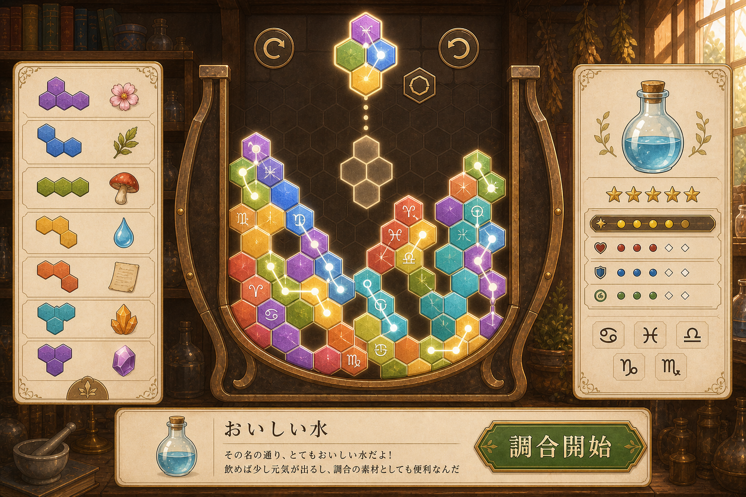 素材を落としてつなげる調合画面