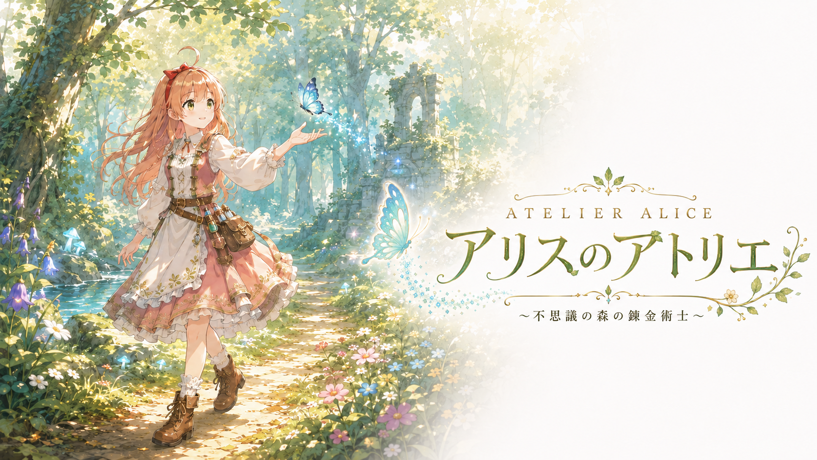 森の小道で青い蝶を見つめるアリスと作品タイトル